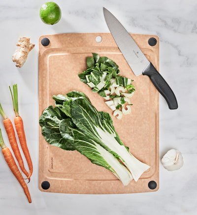 All-in-One Slate Cutting Board Size 17x13 with Vegetables and Victorinox Slicing Knife